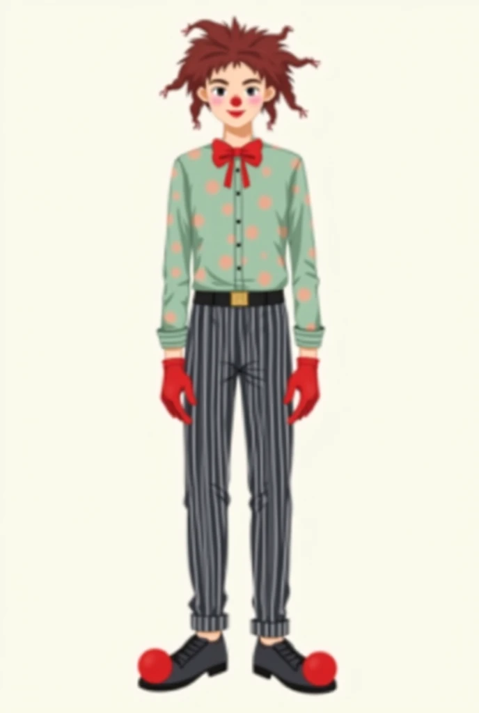 , a young man 182 . slender build. 
 Black and white striped pants and gray-blue tight pants {x} He is wearing a light green shirt with peach-colored polka dots.  There is a red bow .  headband on the head that is tied in a bow at the back and the 2 ends o...