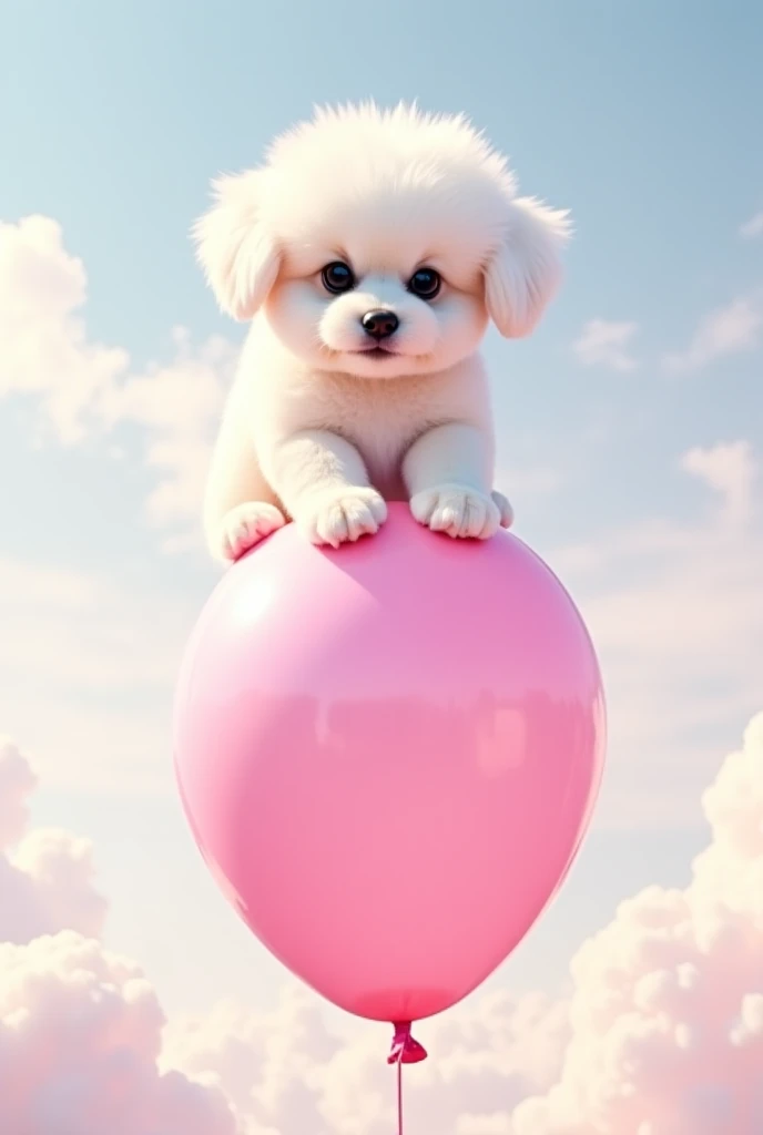 Make me a giant Maltese bichon mounted on a pink balloon