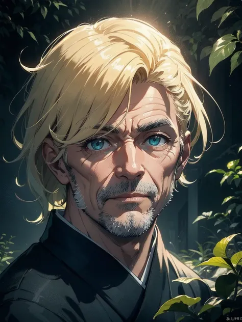 Masterpiece, volumetric light, ray tracing, extremely detailed CG. Sunshine, dawn, (dark theme:1.3), light, fantasy, windy. Happy old man detailed sharp face with brave expression, captivating green-blue eyes, blonde hair, observing to viewer. Elegant and ...