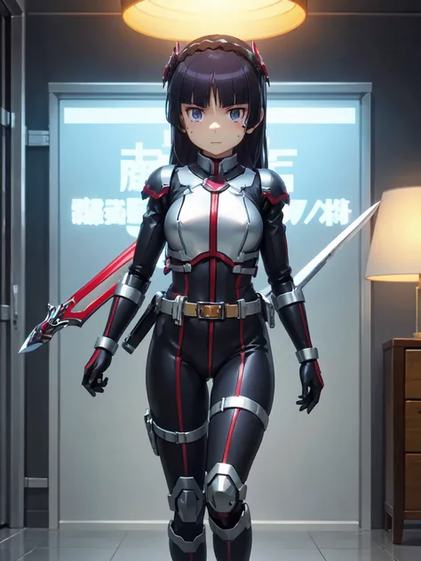  1 girl, Alone, (ruri gokou), hime cut,  long hair, mole, mole under eye, ((ロボットsword闘士)), ( riding belt :1),  gloves, (sword),  helmet ,(armor:1), Body Suit,  helmet , mask , Power Range Remel、Shiny Clothes 、パワーレンジャーBody Suit、 Pro Pictures、 cinematic ligh...