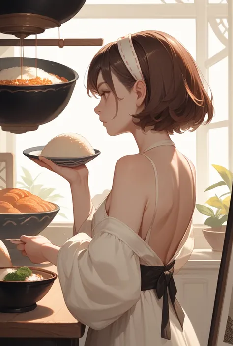 1 ,  brown hair,  High resolution ,  short hair,  big boobs, Rice,  BACK VIEW,  side view,  hair bands, brilliance,  Impressionism, 