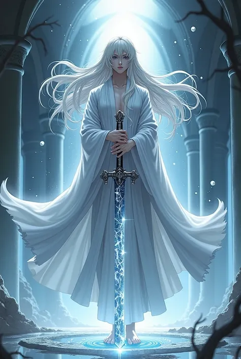 Create a mystical and elegant depiction of the spirit of Mugenei, a zanpakuto from Bleach. The spirit has a male appearance with long, flowing silver hair that glimmers like liquid mercury, and eyes that are mismatched—one silver like a mirror, the other b...