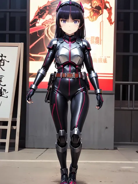  1 girl, Alone, (ruri gokou), hime cut,  long hair, mole, mole under eye, ((ロボットsword闘士)), ( riding belt :1),  gloves, (sword),  helmet ,(armor:1), Body Suit,  helmet , mask , Power Range Remel、Shiny Clothes 、パワーレンジャーBody Suit、 Pro Pictures、 cinematic ligh...