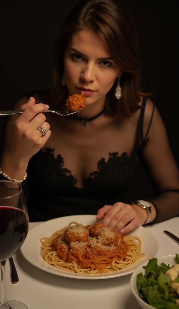 The image shows a woman dining alone in an elegant setting. Her other hand holds a meatball on a fork, poised halfway to her mouth. She is dressed in a sophisticated sheer black lace dress that suggests a formal dinner occasion, with diamond earrings in he...