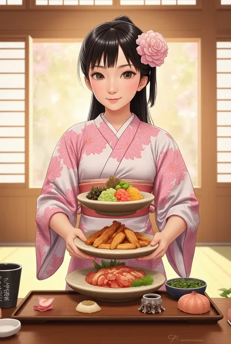 Japanese New Year dishes、Triple layer、Japanese-style room、Young Japanese woman wearing a floral kimono、smile 