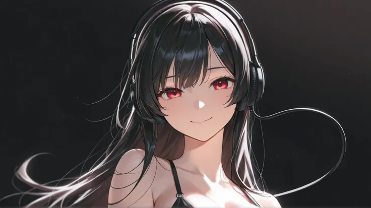 black background , 1 adult girl, long hair, 1 headphone, black headphone, beautiful, red eyes, low light, black hair, black strap top, front, boobs, no light, smile