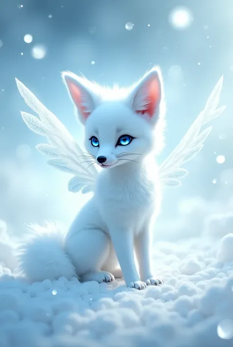 Little white fox with white wings eye pupils that come out blue fire in a white fire field