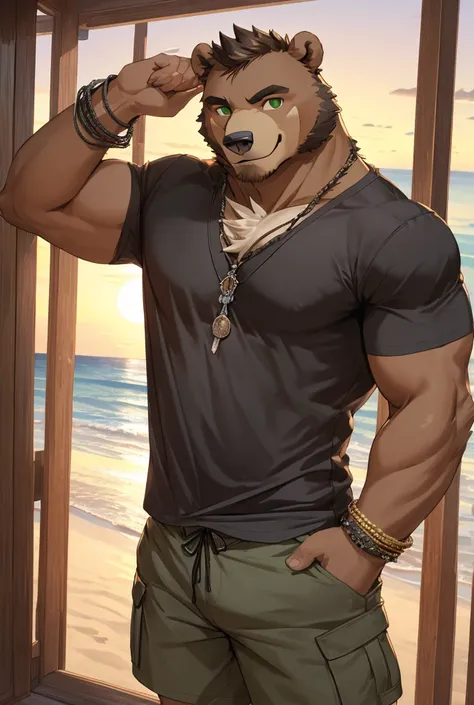  Alone,  anthropomorphic, eyes, masculine ,(brown bear) ,(medium body, the pectoral medium, medium arms ) ,shirtless ( black Hawaiian t-shirt , long gray cargo shorts  , black bracelet on the left arm )  , green eyes ,( looking at the viewer, symmetrical f...