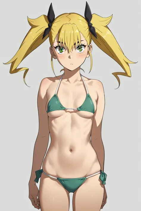 score_9, score_8_up, score_7_up, source_anime, kikoru shinomiya, long hair, blonde hair, ribbon, twintails, green eyes, hair between eyes, small breasts,                            petite, takeda hiromitsu style,          solo, swimsuit, bikini, breasts, n...