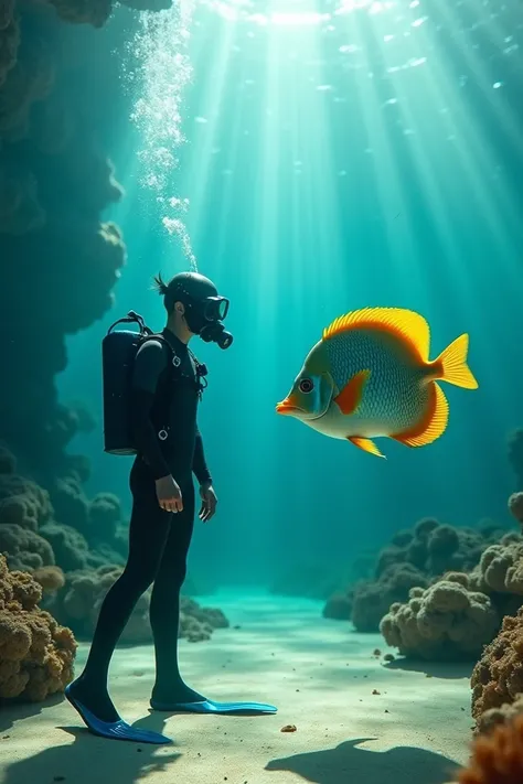 A cinematic underwater scene featuring a human diver and a vibrant, large tropical fish gazing intently at each other in the deep ocean. The diver’s wetsuit reflects the faint rays of sunlight penetrating the water, while their mask and fins glisten with d...