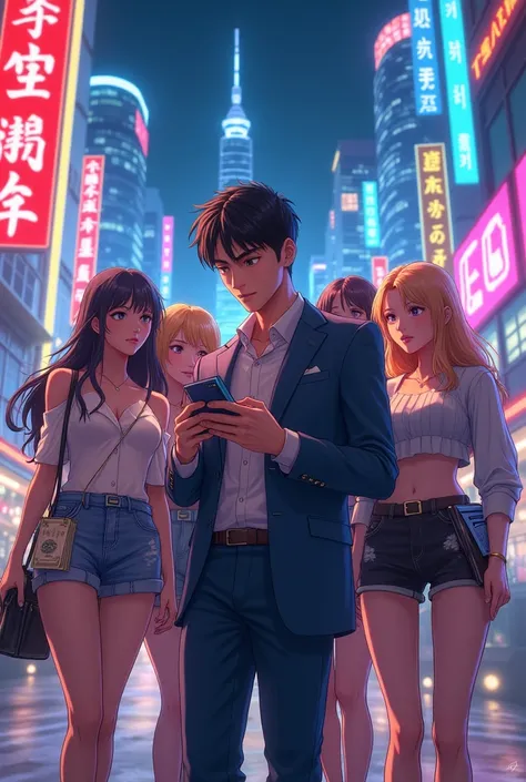 
A trader, a boy trading on his cell phone accompanied by many girls and he with a computer and a lot of money, a very bright and beautiful city in the background, the with girls dressed in beautiful viquines, the city is illuminated in the background and ...