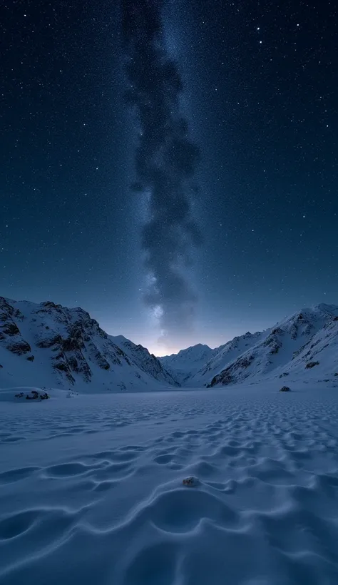 Ultra-realistic image of starry sky and a deserted place with snow,  its nighttime and its very visible to see the very detailed and realistic snow with a dark sky full of stars,This image is very detailed .