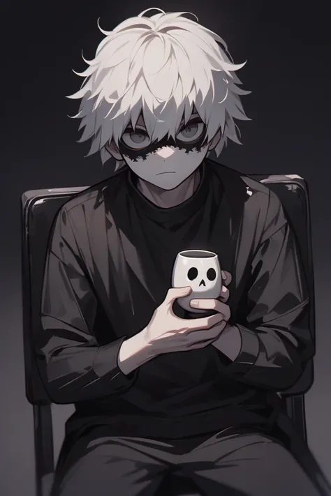 1 boy,  male focus , kaneki ken, Tokyo ghoul, solitude, holding uma caneca, sitting, on a chair, holding, normal expression,  looking at the viewer,  dot,  upper body ,  cinematic angle , ( masterpiece ), ( Better quality), ( super detailed ), aesthetics, ...