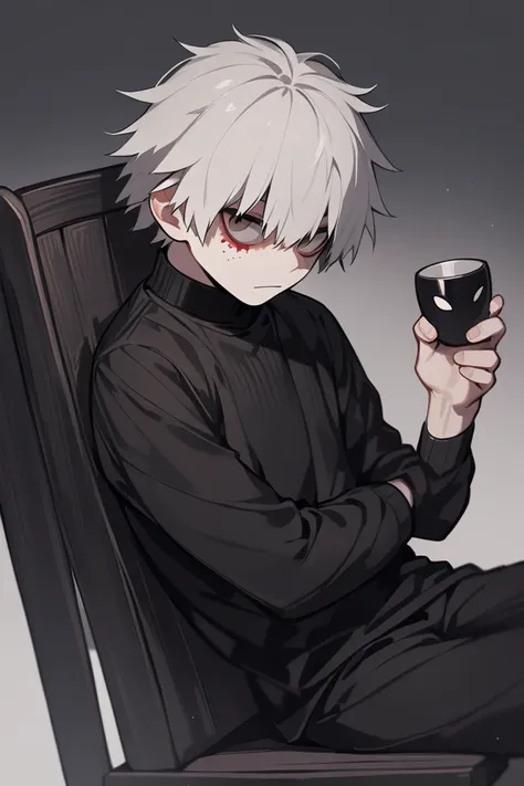 1 boy,  male focus , kaneki ken, Tokyo ghoul, solitude, holding uma caneca, sitting, on a chair, holding, normal expression,  looking at the viewer,  dot,  upper body ,  cinematic angle , ( masterpiece ), ( Better quality), ( super detailed ), aesthetics, ...