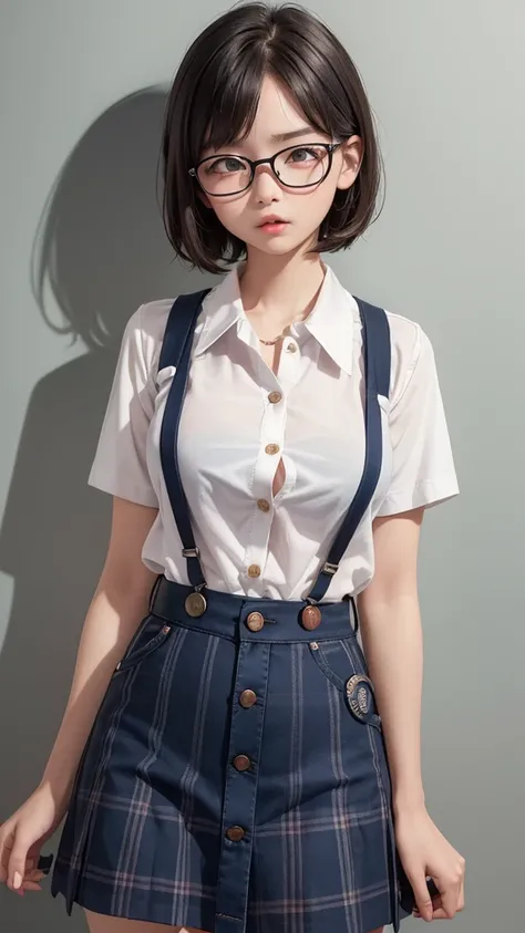 Junior high school students、(I can see the bra through the gap between the )、Wear shirt very tight, (( button and the button that Im wearing a shirt with all the buttons))、 Suspenders、 medium breasts、Glasses、 skirt 、 short hair with shadows、 book