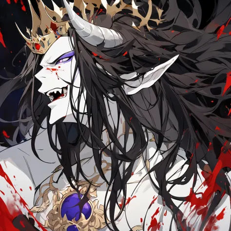 A God of Chaos with porcelain white skin, masculine, long black hair, white demon horns, crown, purple eyes, pointed ears, bloodstains