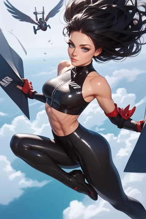 Sexy superheroine,bare shoulders, black hair, very tight suit,detaillee abs,detailled face,8K,detailled eyes,flying,crop top