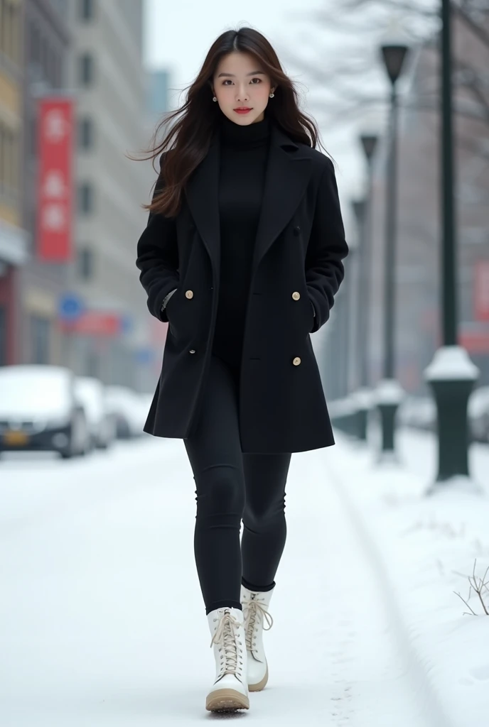 A 20-year-old young Chinese woman with a perfect figure. Wearing black jumpsuit and tight fitting clothing. Walking on snow covered streets. She has long dark hair and delicate facial features, walking confidently ahead with her head held high. Wearing whi...