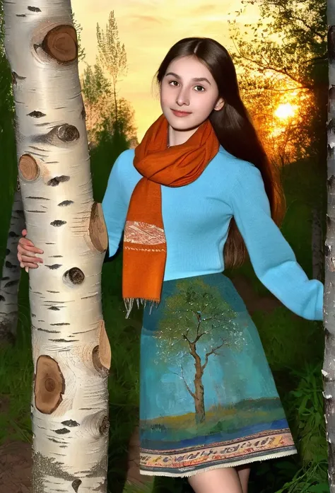 a young Russian girl, against the background of a crimson sunset, complex detailing, aged canvas, "the girl by the white birch" (in the style of Odilon-Redon, depicted in oil on canvas),
a beautiful girl with brown hair in a scarf, hugging the trunk of a b...