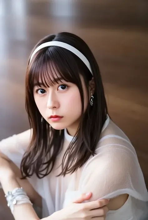  headband,Heisei Gal Makeup and Poses、(photo  realistic:1.4), (hyper  realistic:1.4), ( realistic:1.3), (      Smoother Lighting      :1.05), ( movie lighting for s:0.9), 32K, 1 person,20 years old,  realistic lighting, Backlight,  The light hits the face,...