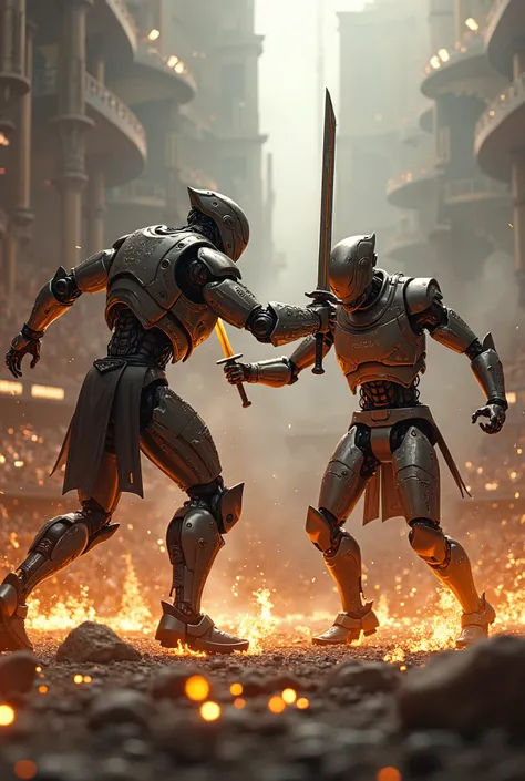 Robot gladiators in gladia costumes with swords, scenes of robot gladiatorial arenas, and epic battle scenes, moment of action, fierce (hard-fought) battles, Gladiators clashing