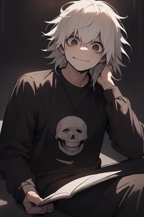 1 boy,  male focus , kaneki ken, Tokyo ghoul, happy, holding um caderno, notes, sitting, holding, normal expression,maduro, long hair , happy, maturity ,  looking at the viewer,  dot,  upper body ,  cinematic angle , ( masterpiece ), ( Better quality), ( s...