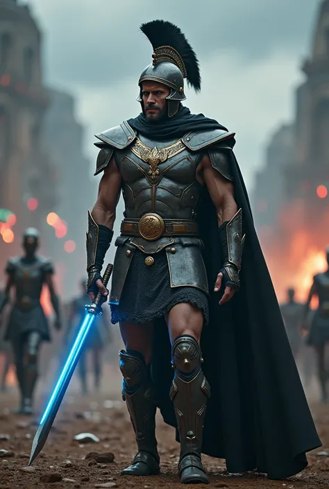 Un gladiateur romain dans un champ de bataille dystopique futuriste. Le gladiateur, un homme musclé et athlétique, porte une armure traditionnelle romaine fusionnée avec des éléments futuristes. Sa cuirasse métallique est ornée de motifs romains classiques...