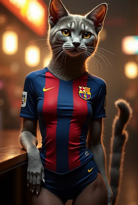 Sexy Kitty dressed in a Barcelona shirt 

