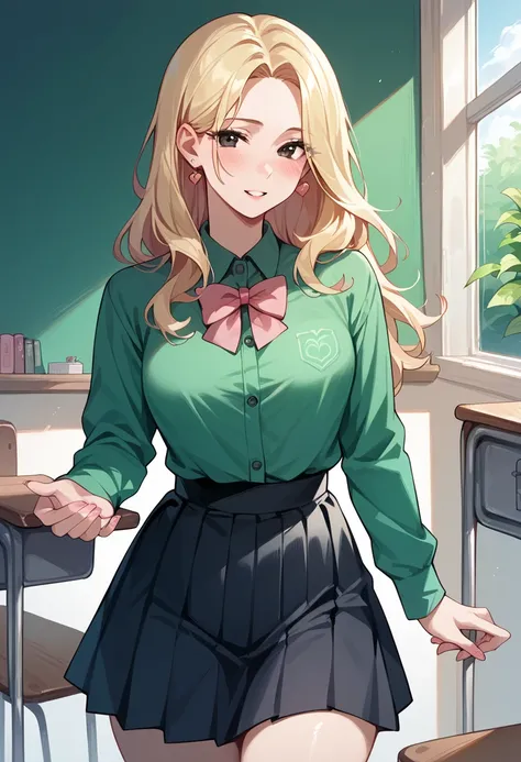 best quality, glossy, 4k, ((artwork)), extremely detailed, 8k, beautiful, beutiful teen girl, black eyes, pink papal crown, long blonde hair, green shirt, black skirt, mean girl, school girl