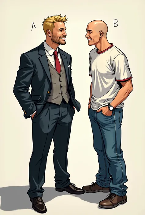 A page of manga. A businessman (A) in a fancy suit and blonde hair crashed into a man in jeans and t-shirt and buzz cut (B). Then B dragged A into a public restroom and they swapped clothes. B now wearing As fancy suit and vice versa. 