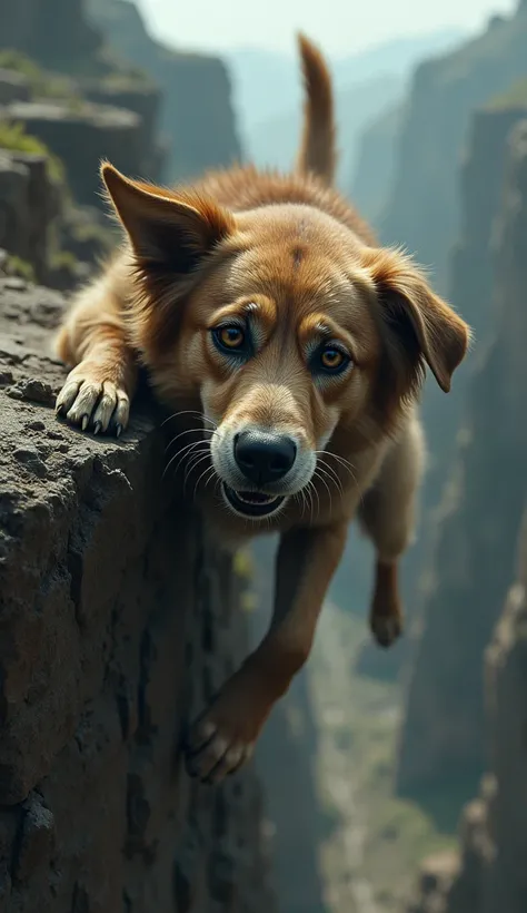 a dog hanging on the edge of a cliff about to fall with a very sad face the camera is straight at your face