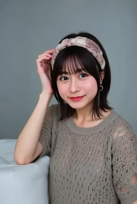  headband,Heisei Gal Makeup and Poses、(photo  realistic:1.4), (hyper  realistic:1.4), ( realistic:1.3), (      Smoother Lighting      :1.05), ( movie lighting for s:0.9), 32K, 1 person,20 years old,  realistic lighting, Backlight,  The light hits the face,...