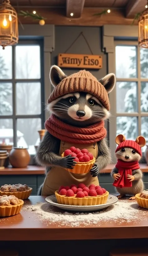 A cozy and festive bakery scene featuring an anthropomorphic raccoon wearing a knitted brown beanie, scarf, and light brown apron, carefully holding a freshly baked tart topped with red berries. In the background, a smaller anthropomorphic mouse wearing a ...