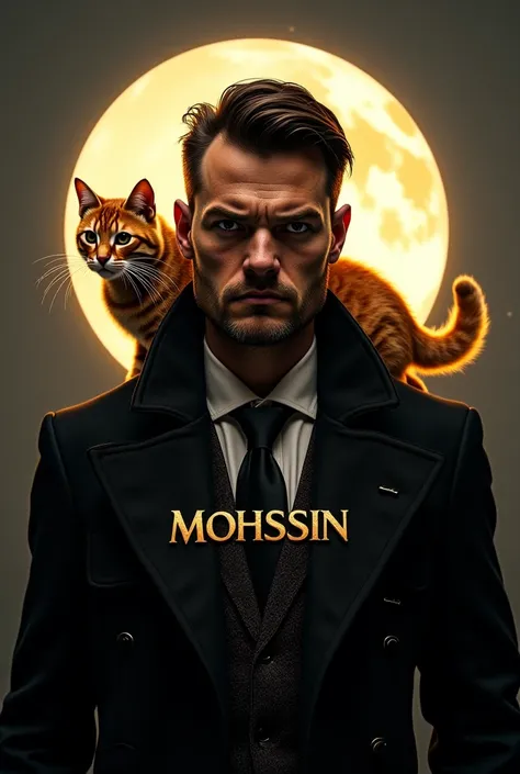  I would like an image of a mysterious man with an angry look, portant sur son torse linscription "MOHSSIN "  in gold letters . On his shoulder,  a cat with thick, shiny golden fur ,  with a big moon behind him .

