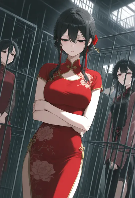  mature adult chinese woman, red floral Cheongsam, black hair, sad, emotionless eyes, warehouse with cages and boxes