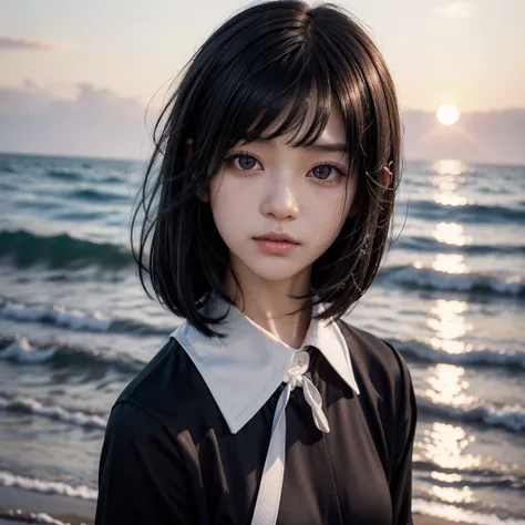 Schoolgirl,one girl, ( black uniform ),  sunset , professional photography, Black hair short bob with bangs, completely straight hair,  movie photo,  detailed face,  beautiful Asian girl , Sunlight illuminating the hair , Hair gets tangled in strong winds,...