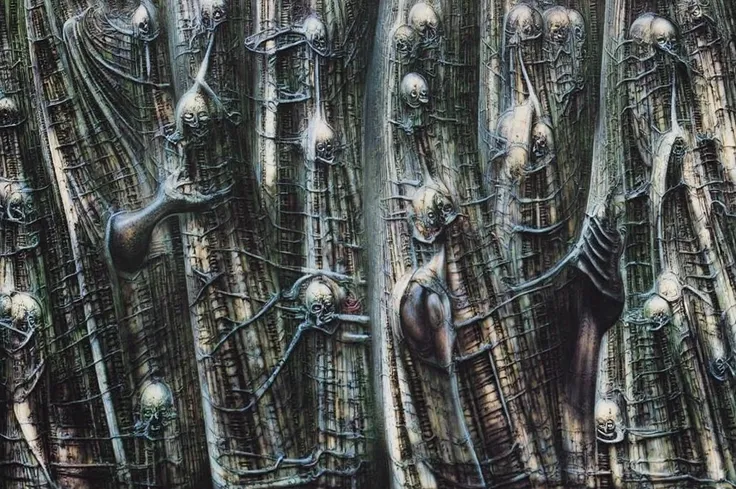 g1g3r, Giger_style, The image is a detailed view of H.R. Gigers " Li II " plate, featuring a complex network of bones and organs in a purple-brown hue ,swirling gray and brown colorsgroup of three alien figures positioned in the foreground.  Emaciated and ...