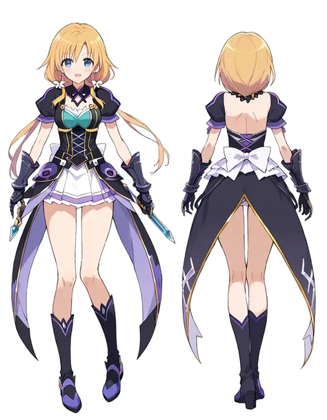 girl, solo, variety of hairstyles, (((before and after))), (((from behind))), ((white background)), multiple views, villain costume magical girl, precure face, lyrical nanoha costume,  senran kagura, kingdom hearts, gauntlets, full body, Hyperdimension Nep...