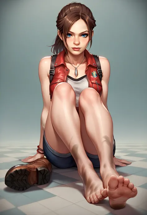 Claire Redfield from Resident Evil 2 , wearing dirty white  socks,sitting showing your feet ,,barefoot,on a floor with boots scattered, boots scattered.