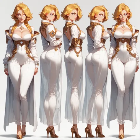 multiple views, from different sides, full body, perfect eyes、 perfectly sexy face、 ultra detailed 、ultra perfect eyes、yellow hair,  shiny hair, showing cleavage, white eyes、 looking at the viewer,  full clothes, game character concept