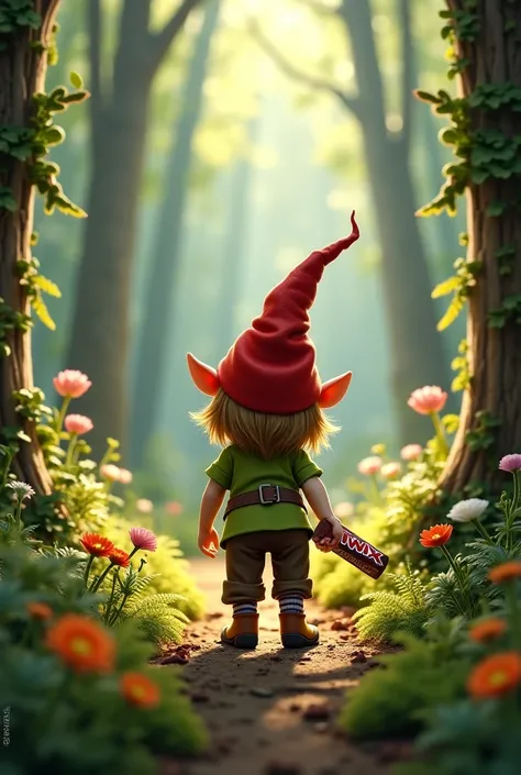 In the woods, gnome girl from behind with Twix