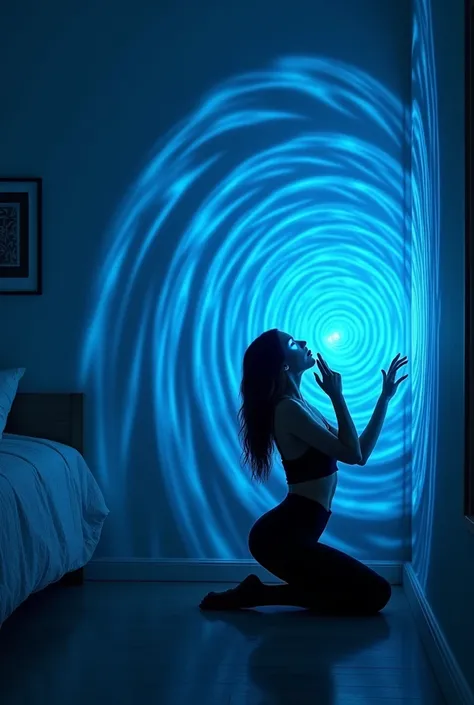   Beautiful woman , sexy ass, black leggings,  mother sleeveless,  kneeling, Looking at the wall, wall, which he was looking at ,  radiated a blue spiral , in the bedroom,  She looked at the wall closer ,  when she saw the ,  her eyes turned blue spirals ,...