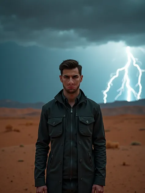  Take an ultra realistic photo of myself in the desert with lots of rain and storms, with lights and luminosity in the thunder and in the scenery 4k 