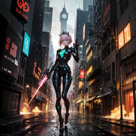 (((masterpiece, best quality, 16k)))A sleek and modern artwork of a cyberpunk female character in a high-tech, futuristic cityscape. The full-body view reveals her clad in black and silver clothes, featuring armored boots, a chestplate, and ornate shoulder...