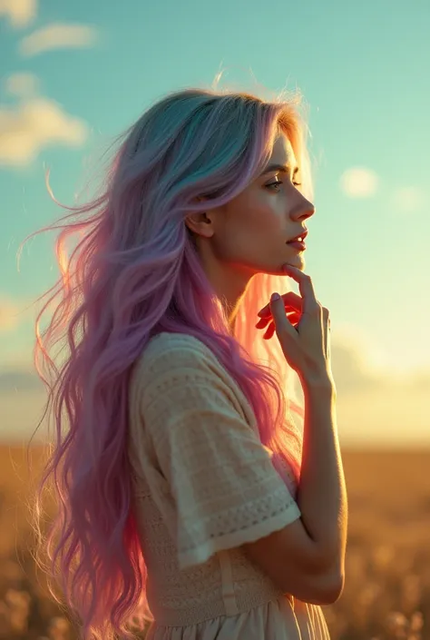 A woman is thinking about her diet and she has all the colors in her hair and her hair is very long and reaches up to the sky.