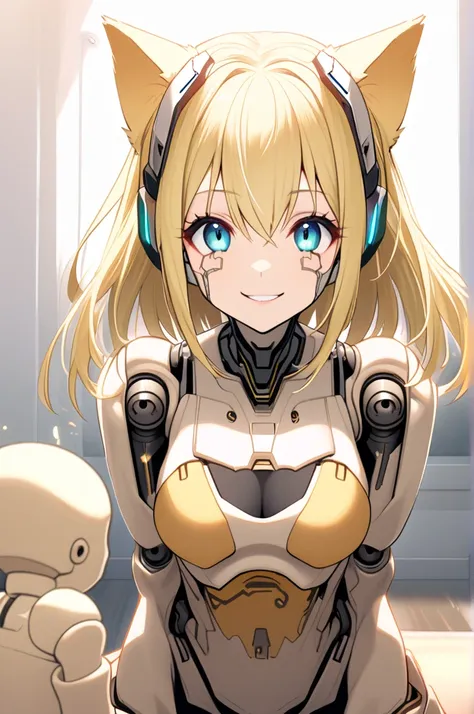 20 year old busty girl, cyborg,Blonde,smile, Doll Joints ,Cat ears headgear