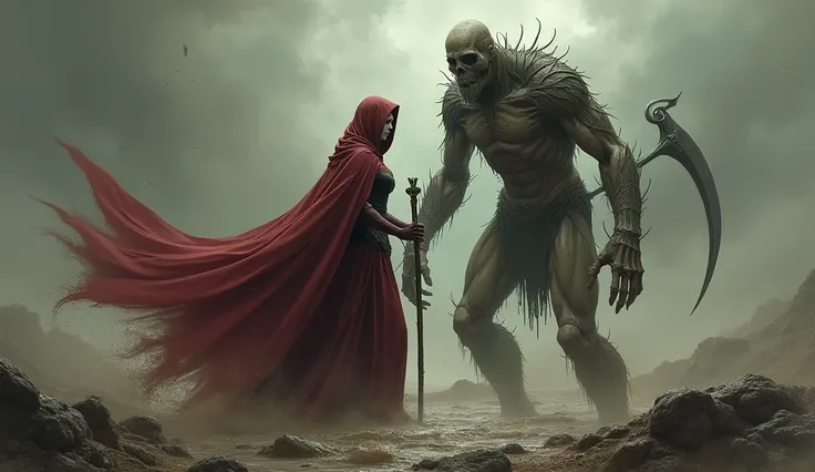 gorgeous tall female grim reaper with a blood-red cloak with a hood with a scythe fighting floating fighting a 12 ft clay Golem in the mud with the star of David on his arm