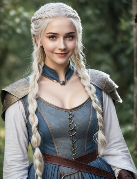 hyperrealistic beautiful 18 yo european woman, game of thrones style cosplay outfit, realistic hazel eyes, Fashion-style image, premium quality clothes, reserved smile, decent makeup, realistic long white braided hair, posing for the camera, fullbody fanta...