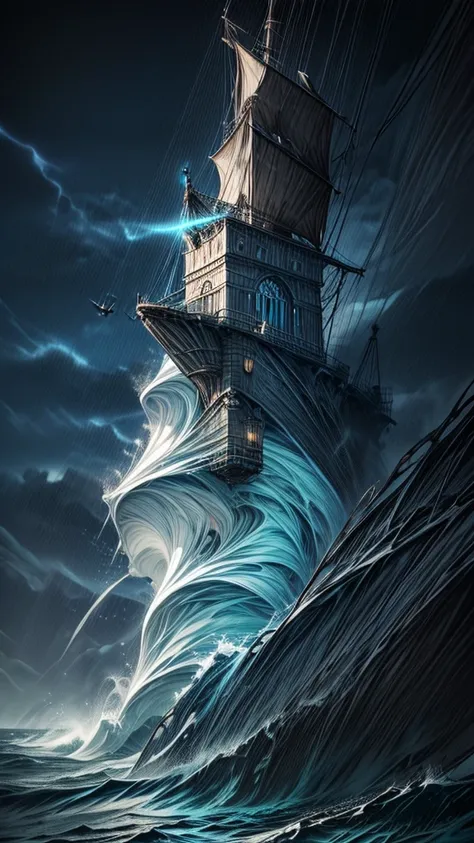 there is a Send that is floating in the ocean at night, a Send lost in a storm, gothic Send on ocean, Send at sea, dramatic nautical scene, Storm at sea, in rough seas with large waves, Sendwreck, old pirate Send, on a pirate Send background,  the Flying D...