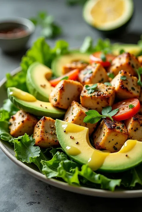 Avocado chicken salad with lemon and mustard dressing.